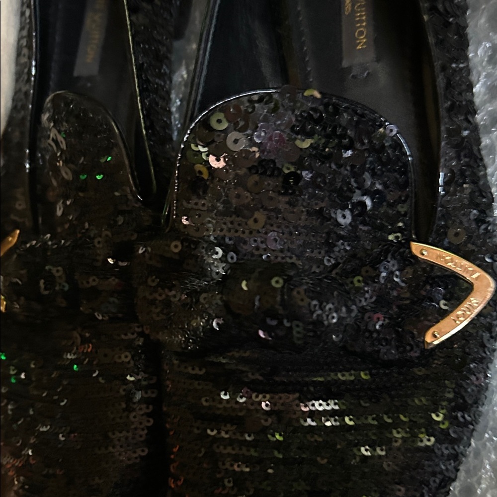 Louis Vuitton Black Sequin Loafers with Gold-Tone Accents - Picture 3 of 6